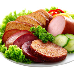 Sliced sausage bread and vegetables on a white plate with transparent background for culinary themes