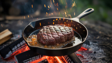 Delicious steak beef cooking over hot campfire in cast iron skillet. An outdoor searing meat food experience by fire