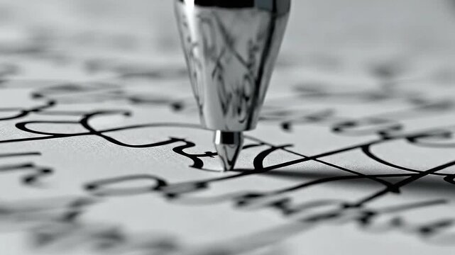 Monochrome Close Up of Pen Tip Writing on White Paper with Flowing Cursive Script Under Soft Light Creating a Focus on Precision Craftsmanship Document Creation in Minimalist Style