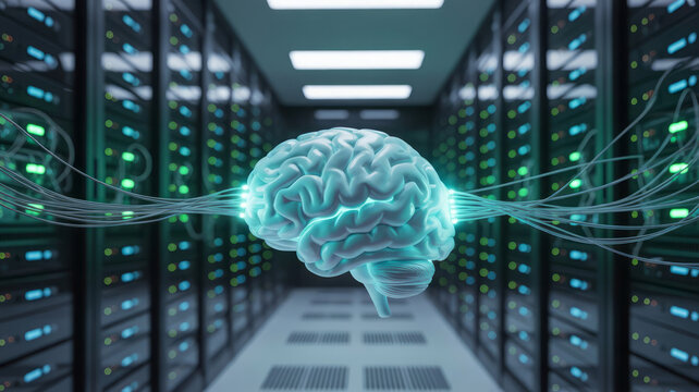 Futuristic artificial intelligence concept with digital brain in server room. high tech view of big data processing - Powered by Adobe