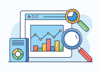 SEO optimization concept, website analytics dashboard, magnifying glass, upward arrow, flat minimal vector design