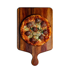 Pizza with meatballs on a wooden cutting board against transparent background