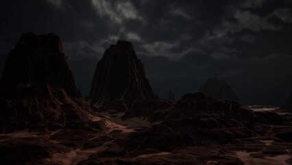 Fototapeta premium Mysterious mountains rise sharply against a darkened sky filled with swirling clouds. Eerie shadows stretch across rugged terrain, evoking a sense of adventure and solitude in the night.