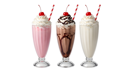 Retro chocolate, vanilla, and strawberry milkshakes served in tall glasses for dessert menus. isolated PNG with Transparent Background