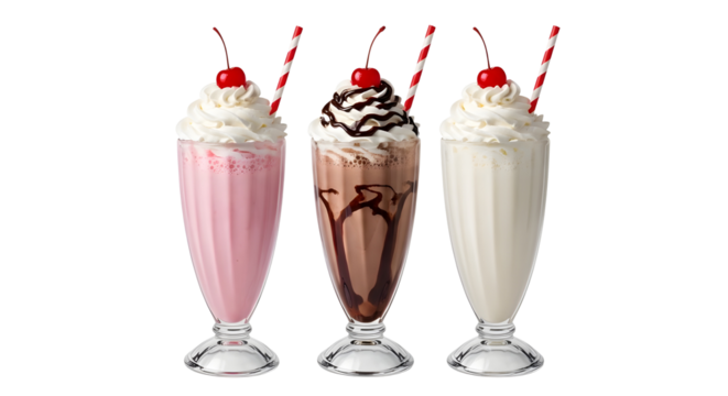 Retro chocolate, vanilla, and strawberry milkshakes served in tall glasses for dessert menus. isolated PNG with Transparent Background