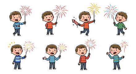 Boy celebrating with fireworks in various poses