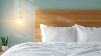 Cozy bedroom with wooden headboard, white bedding, and warm light fixture