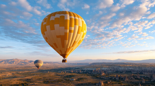 Fototapeta Hot air balloons soar above stunning landscape sunrise, showcasing vibrant colors and unique