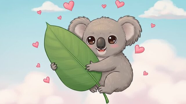 Animated koala holding leaf with hearts against a sky background