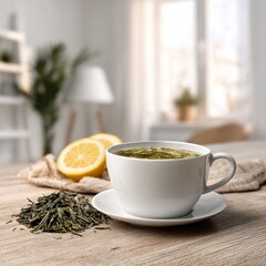 Serene tea break: A steaming cup of tea, accompanied by slices of lemon, sits invitingly on a wooden table in a warmly lit interior setting, evoking a sense of calm and comfort.