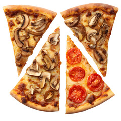 Delicious pizza slices with mushrooms and tomatoes on a transparent background