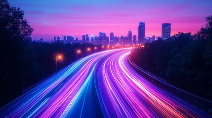 Obraz premium City skyline at dusk with light trails on highway and pink and blue sky above the buildings at night , 8k resolution
