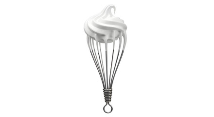 Stainless steel whisk utensil covered in fluffy white whipped cream or meringue for baking preparation isolated PNG with Transparent Background
