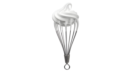 Stainless steel whisk utensil covered in fluffy white whipped cream or meringue for baking preparation isolated PNG with Transparent Background
