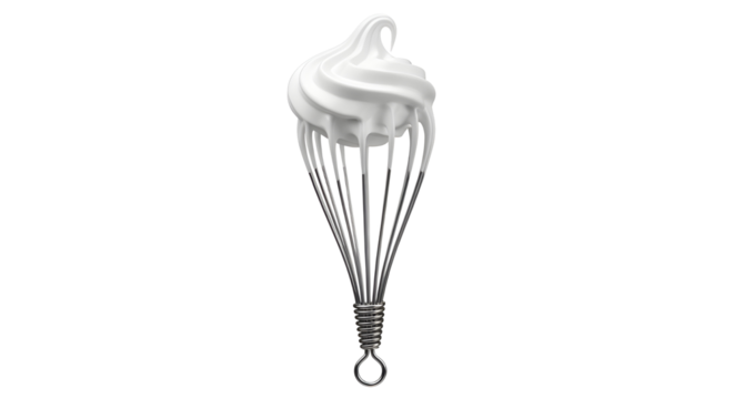 Stainless steel whisk utensil covered in fluffy white whipped cream or meringue for baking preparation isolated PNG with Transparent Background