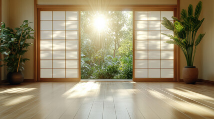 Naklejka premium Bright sunlight streams through Japanese shoji doors, illuminating serene interior with plants
