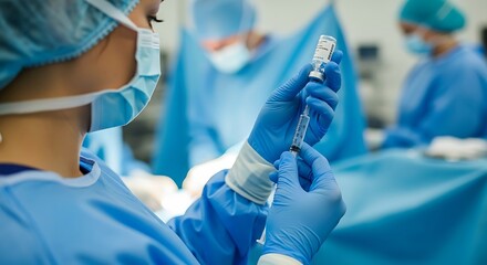 A surgeon in blue scrubs and gloves prepares a syringe with medication during a surgical procedure, with other medical professionals in the background.