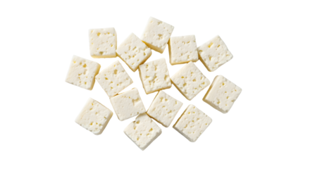 Heap of small square white cheese pieces for salads or cooking isolated PNG with Transparent Background