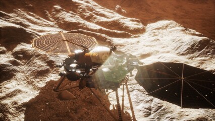 A robotic lander navigates the rugged Martian landscape, surrounded by dusty soil and rocky formations.
