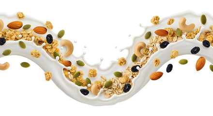 Dynamic milk splash with flowing granola, nuts, and cereal grains for breakfast advertising isolated PNG with Transparent Background