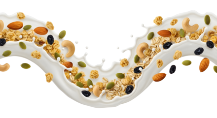 Dynamic milk splash with flowing granola, nuts, and cereal grains for breakfast advertising isolated PNG with Transparent Background
