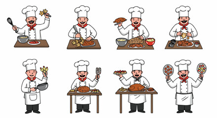 Chef cooking various dishes in a kitchen setting