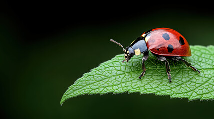 Fototapeta premium Close up of ladybug on green leaf, showcasing vibrant colors and intricate details