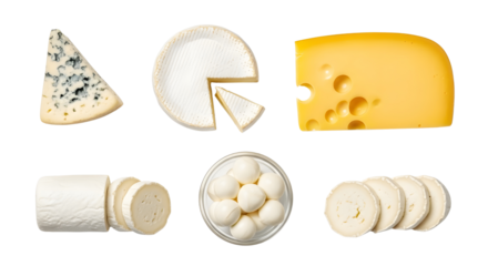 Assortment of gourmet cheese varieties including blue, Swiss, brie, and mozzarella, isolated studio shot isolated PNG with Transparent Background