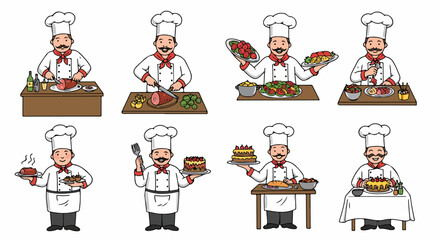 Chef cooking various dishes in different poses