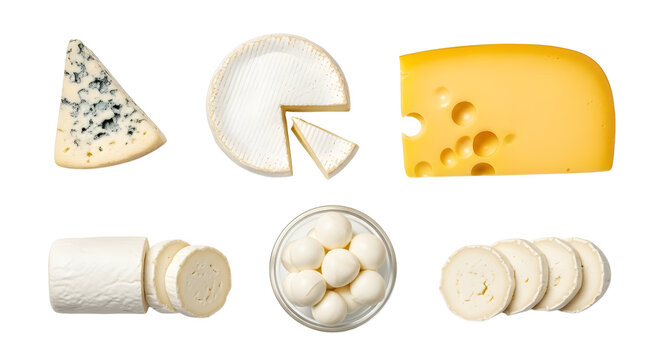 Assortment of gourmet cheese varieties including blue, Swiss, brie, and mozzarella, isolated studio shot isolated PNG with Transparent Background
