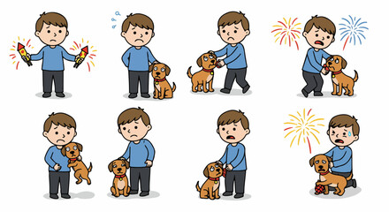 Boy comforting scared dog during fireworks display