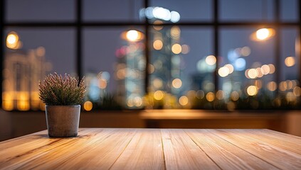Wooden table, night city view