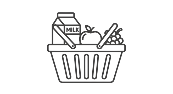 Simple vector line icon of grocery shopping basket filled with fresh food and consumer products isolated PNG with Transparent Background