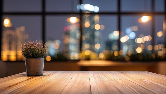 Fototapeta Wooden table, night city view