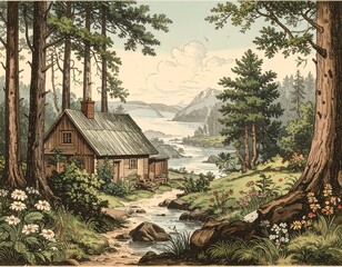 Forest scene with cabin and river
