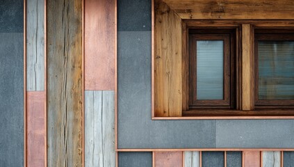 Rustic wood and copper facade with window detail