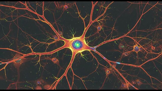 Animated neuron cell structure with branching dendrites and axons