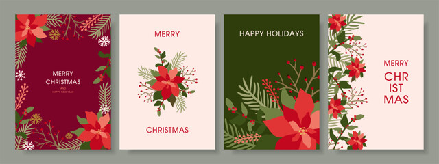 A set of Christmas greeting cards and covers featuring poinsettias, fir branches, and holly berries. Botanical illustration for the holiday season.