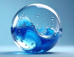 A glass sphere with a splashing blue wave inside