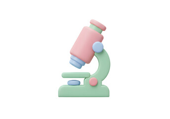 A cute, cartoonish 3D illustration of a microscope with pastel pink, blue, and green colors, Isolated on transparent background, png