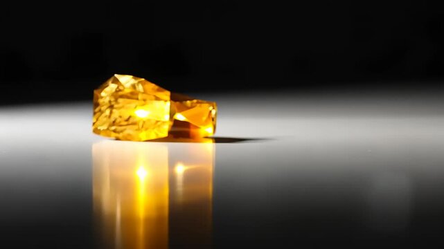 Close up of a precious golden nugget rotating on a reflective surface.