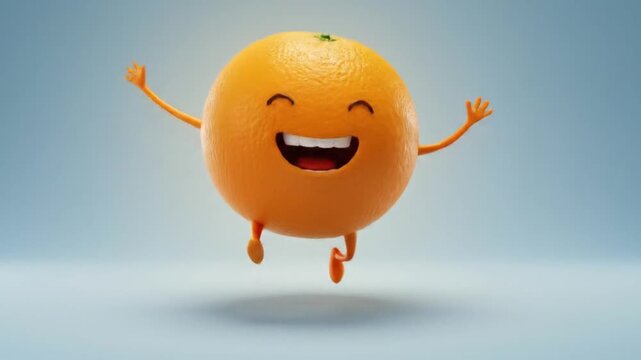 Animated orange character smiling and dancing on a blue background