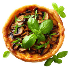Savory mushroom tart with fresh basil on transparent background