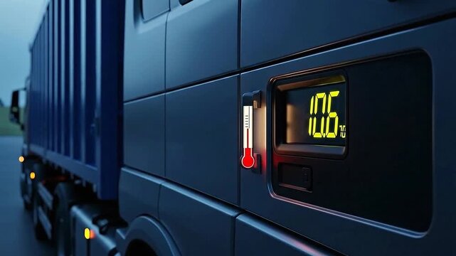 Refrigerated Truck Temperature Display Showing 17.6 Degrees with Blue Cargo Container on Blurred Asphalt Road Under Overcast Sky in Evening Light for Daging Logistics Advertisement