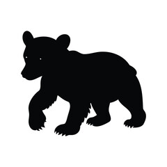 Black silhouette of a bear cub walking on a white background, bear cub playing silhouette vector illustration