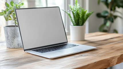 Fototapeta premium Modern home office with sleek laptop on wooden desk, surrounded by greenery