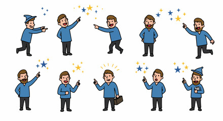 Man gesturing with stars and sparkles, various poses