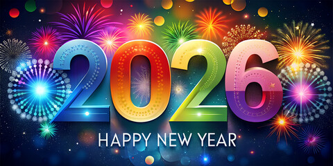 Happy New Year 2026 card with beautiful colorful fireworks background