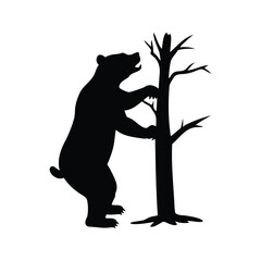 Silhouette of a powerful bear standing upright next to a barren tree, bear scratching back on tree silhouette vector illustration