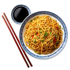 Noodles and chopsticks with soy sauce isolated on transparent background